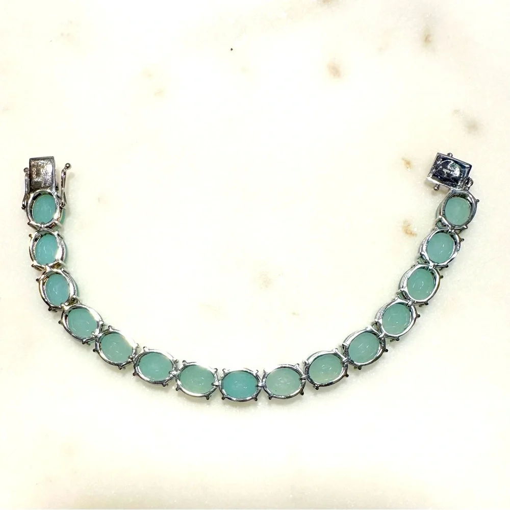 Oval Faceted Aqua Blue Chalcedony Sterling Silver Line Tennis Bracelet 12mm